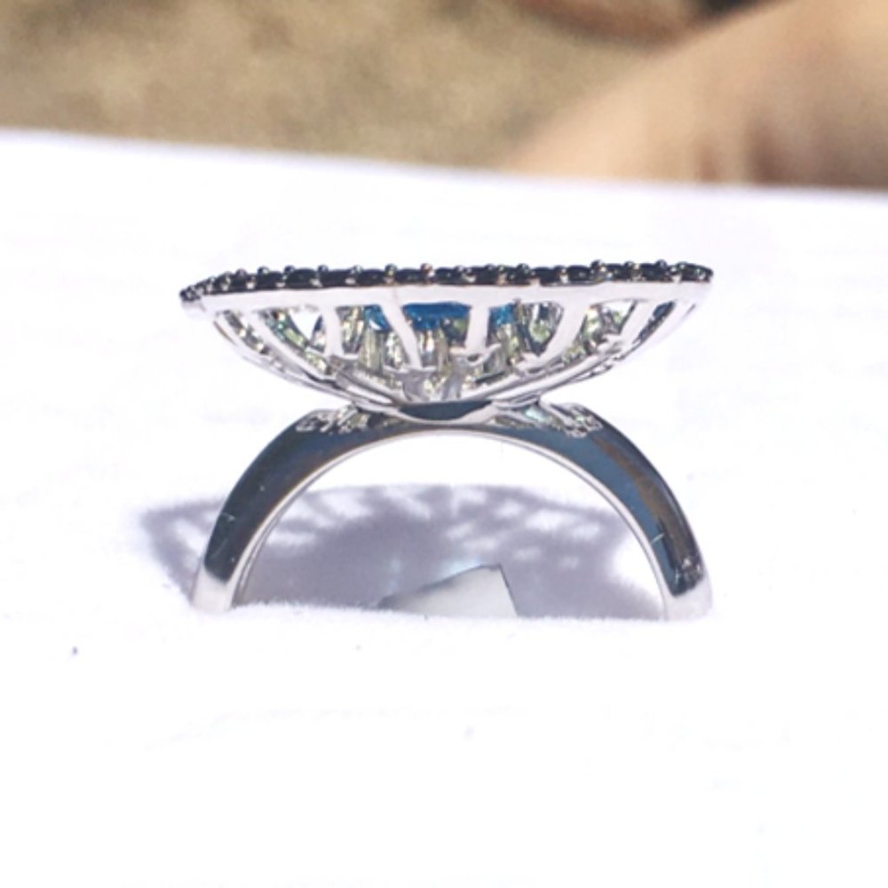 Swiss Blue Topaz .925 Cocktail Ring Peridot Black Spinel Sterling Silver Genuine - Picture 11 of 15